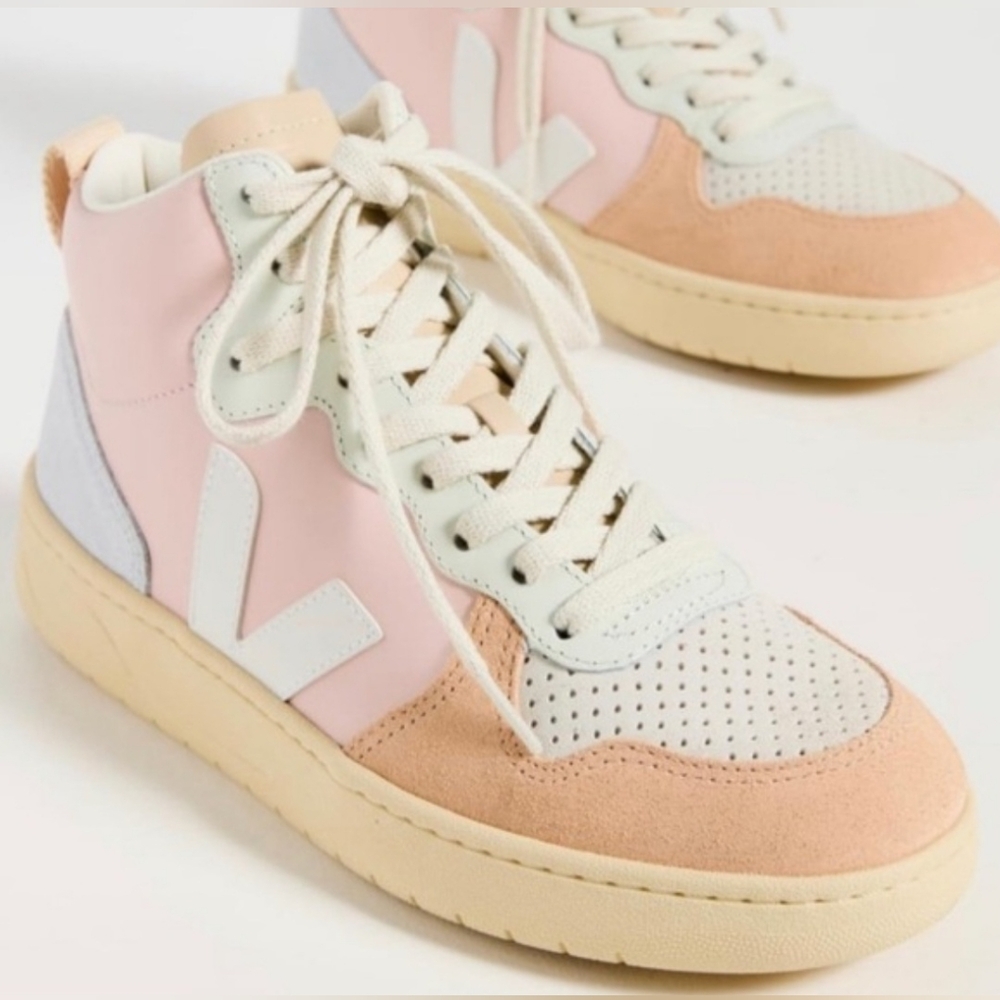 Size 4 New Veja V-15 Leather Petale White Multico High Top Sneaker